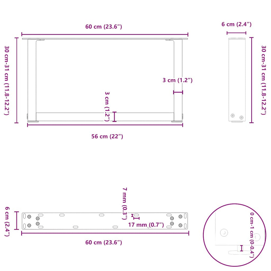 Salontafelpoten U-Vormig Staal Wit 2 60 x (30-31) cm