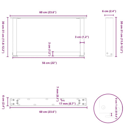 Salontafelpoten U-Vormig Staal Naturel 2 60 x (30-31) cm