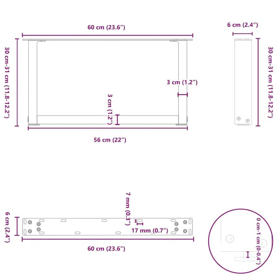 Salontafelpoten U-Vormig Staal Naturel 2 60 x (30-31) cm