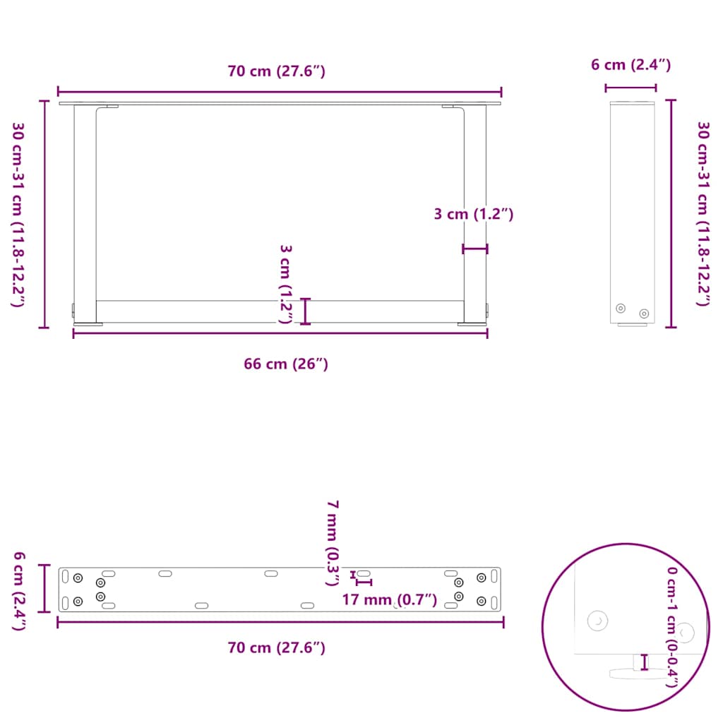 Salontafelpoten U-Vormig Staal Wit 2 70 x (30-31) cm