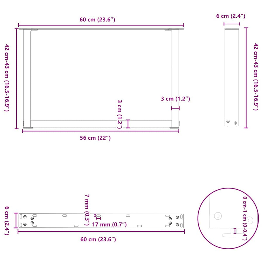 Salontafelpoten U-Vormig Staal Antraciet 2 60 x (42-43) cm