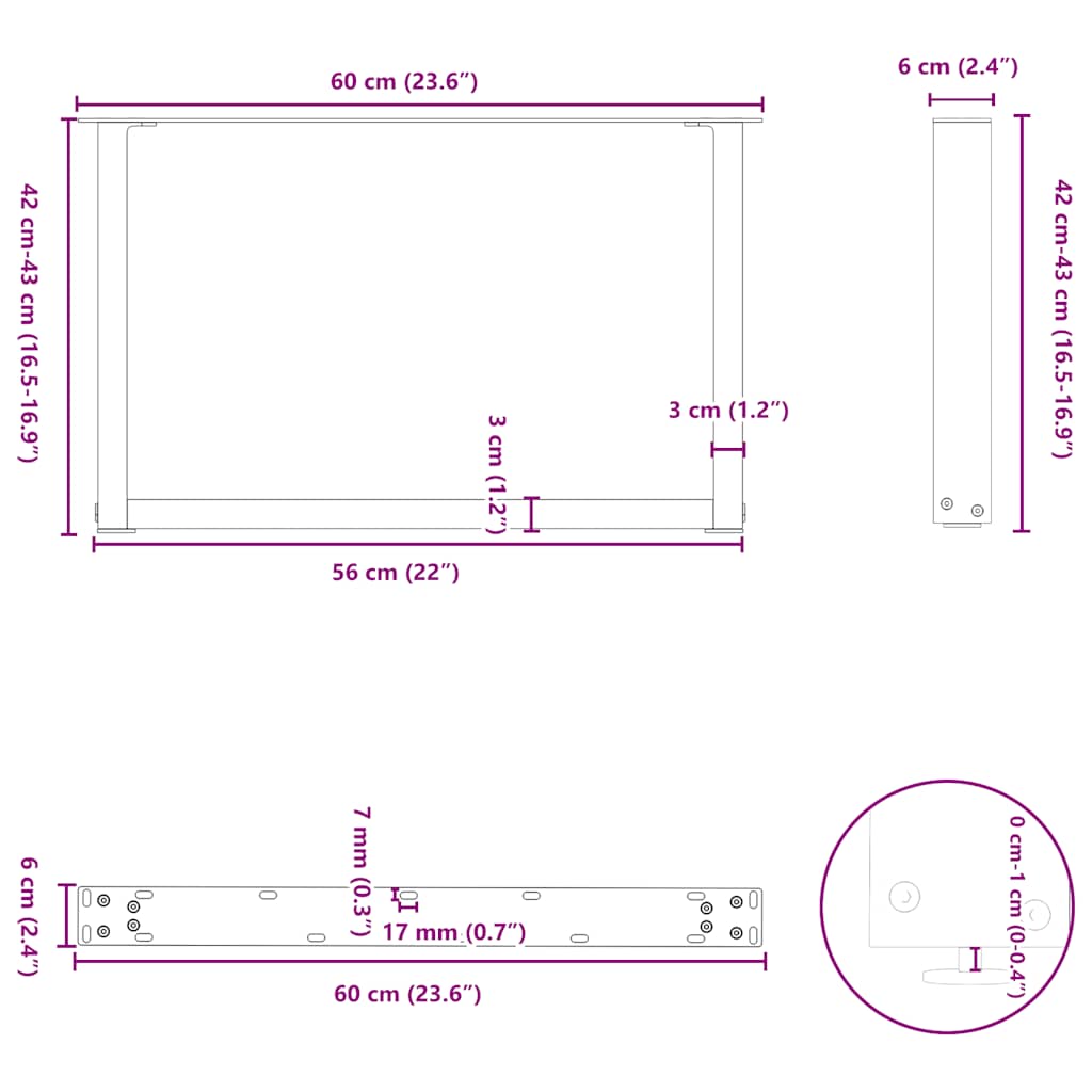 Salontafelpoten U-Vormig Staal Naturel 2 60 x (42-43) cm