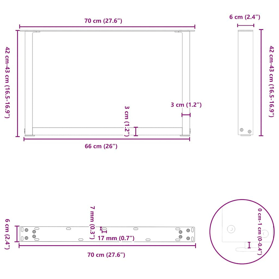 Salontafelpoten U-Vormig Staal Naturel 2 70 x (42-43) cm