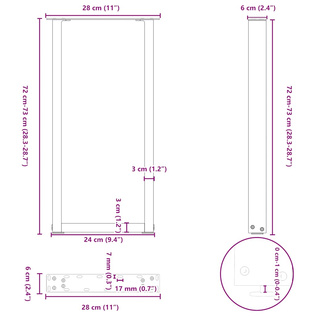 Salontafelpoten 2 st U-vormig 28x(72-73) cm staal zwart