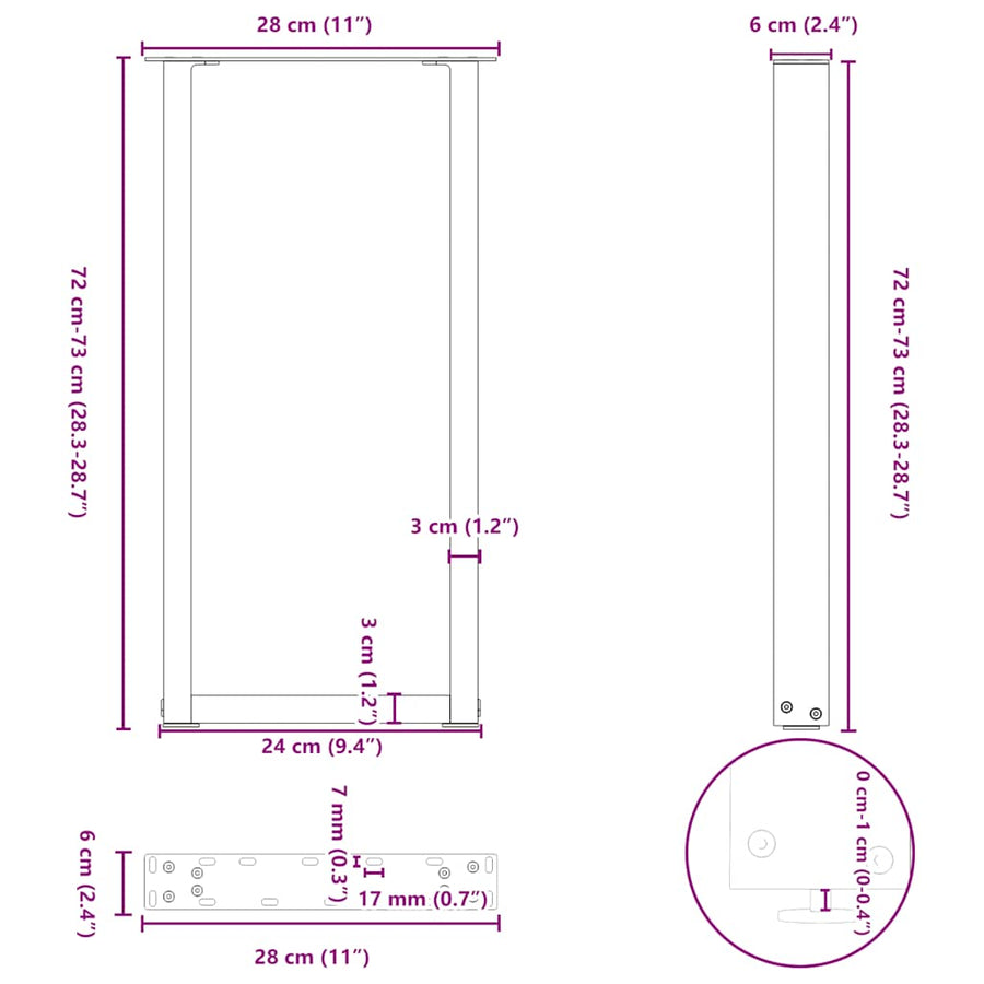 Salontafelpoten 2 st U-vormig 28x(72-73) cm staal zwart