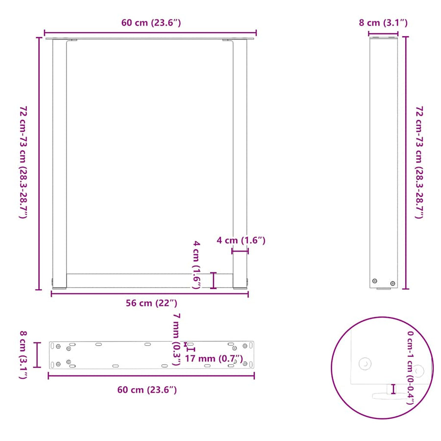 Eettafelpoten 2 st U-vormig 60x(72-73) cm staal zwart