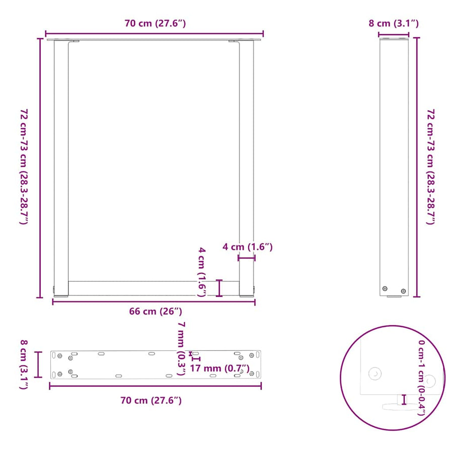Salontafelpoten U-Vormig Staal Naturel 3 70 x (72-73) cm