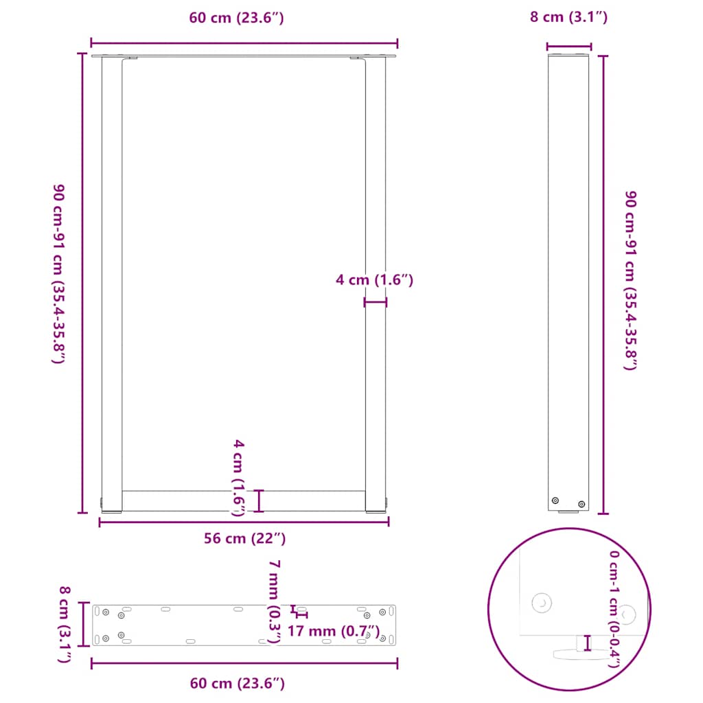 Salontafelpoten 2 st U-vormig 60x(90-91) cm staal zwart