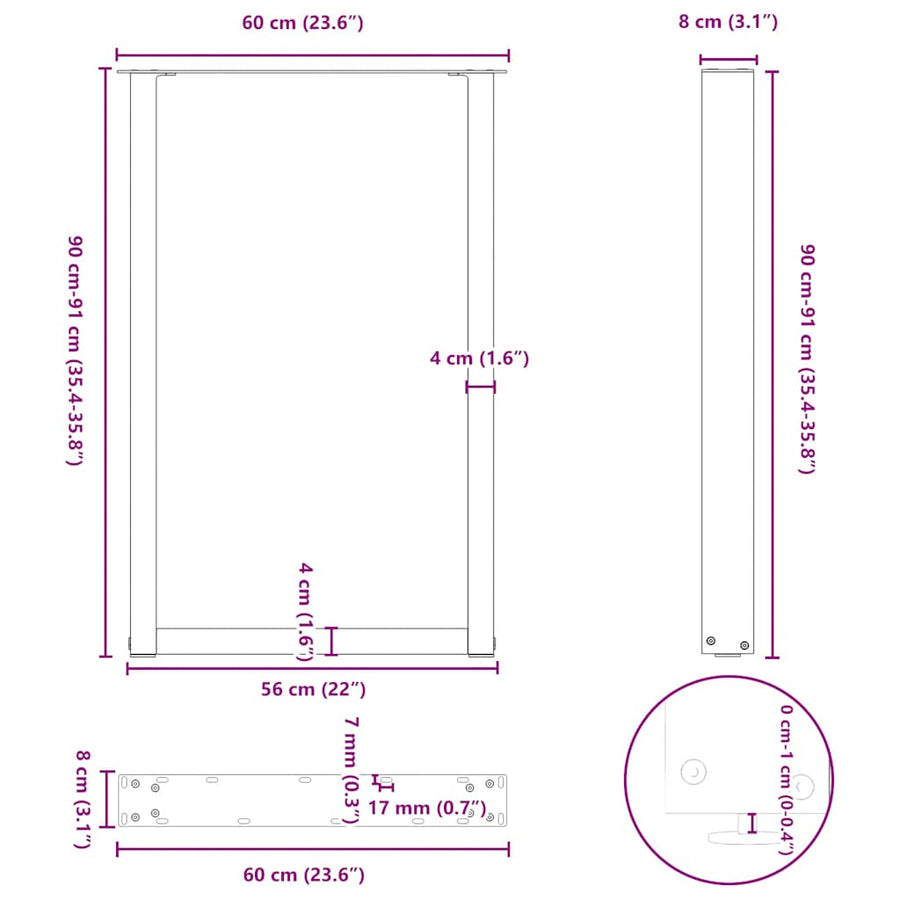Salontafelpoten 2 st U-vormig 60x(90-91)cm staal wit
