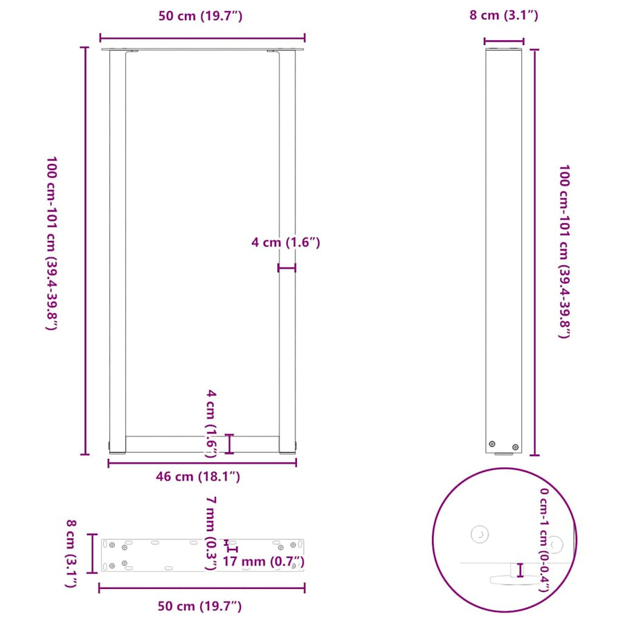 Salontafelpoten 2 st U-vormig 50x(100-101) cm staal zwart