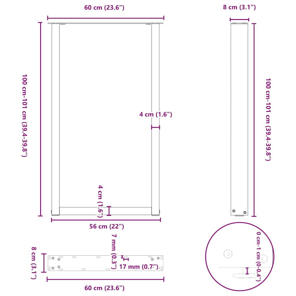 Salontafelpoten U-Vormig Staal Naturel 2 60 x (100-101) cm