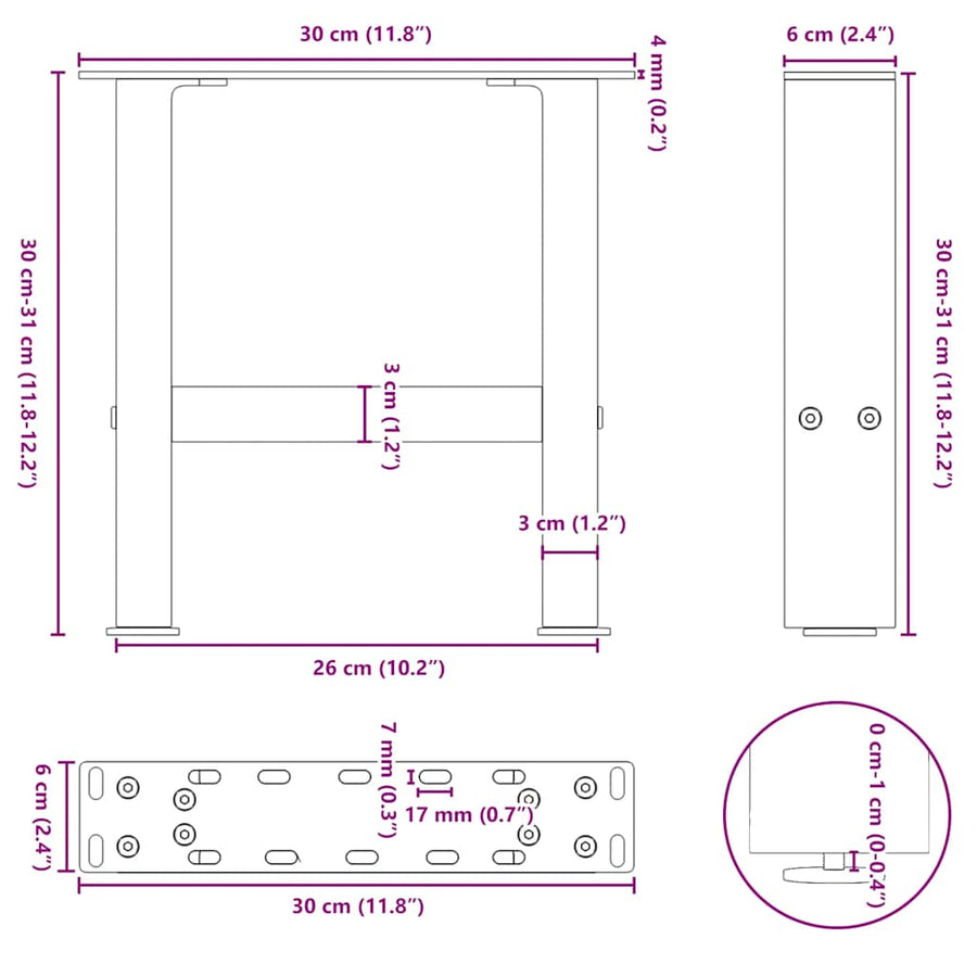 Salontafelpoten 2 st 30×30 cm staal antraciet