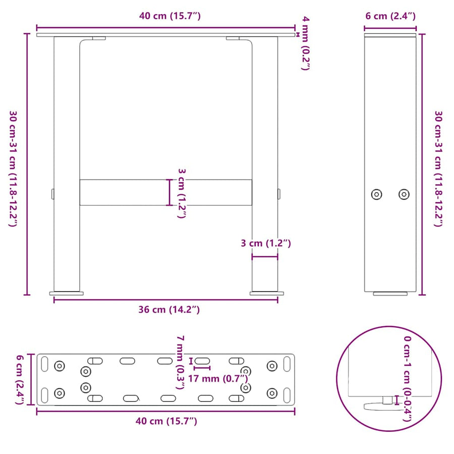 Salontafelpoten 2 st 30×40 cm staal wit