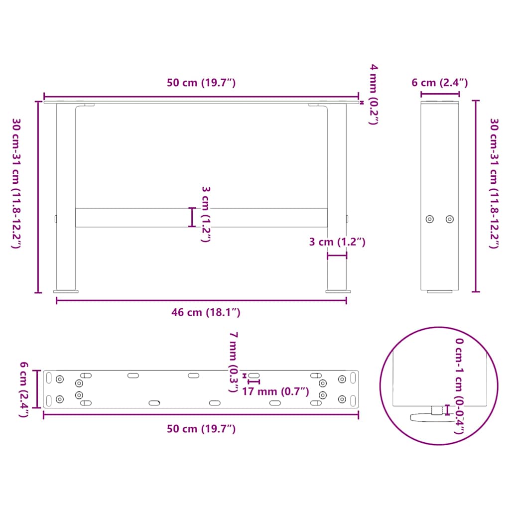 Salontafelpoten Staal Kleurig Antraciet 50 x (30-31) cm
