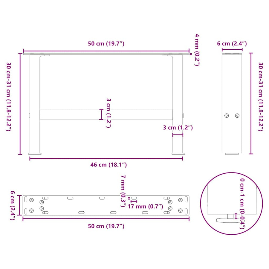 Salontafelpoten Staal Kleurig Antraciet 50 x (30-31) cm