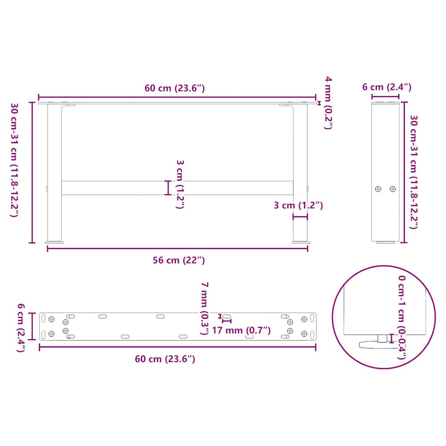 Salontafelpoten 2 st 30×60 cm staal zwart