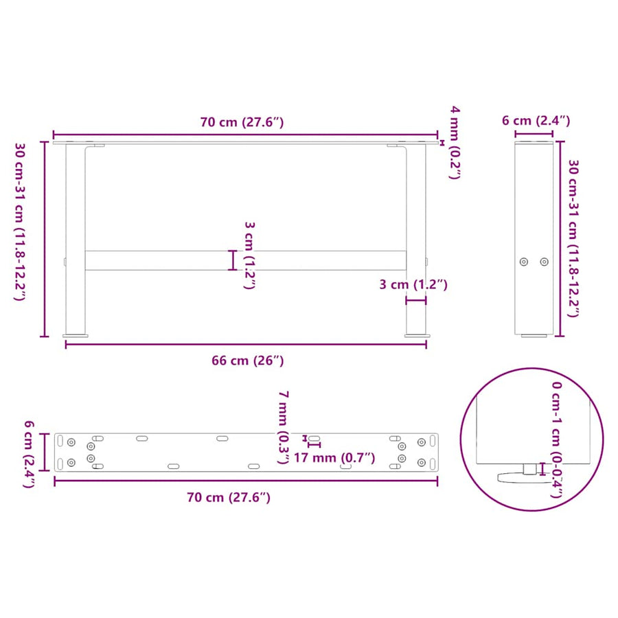 Salontafelpoten Staal 70X (30-31) Cm Staal Naturel 70 x (30-31) cm