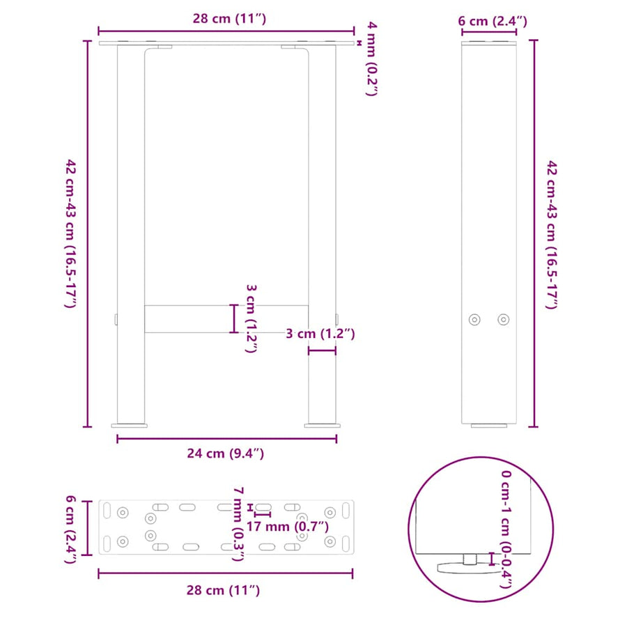 Salontafelpoten 2 st 28x(42-43) cm staal wit