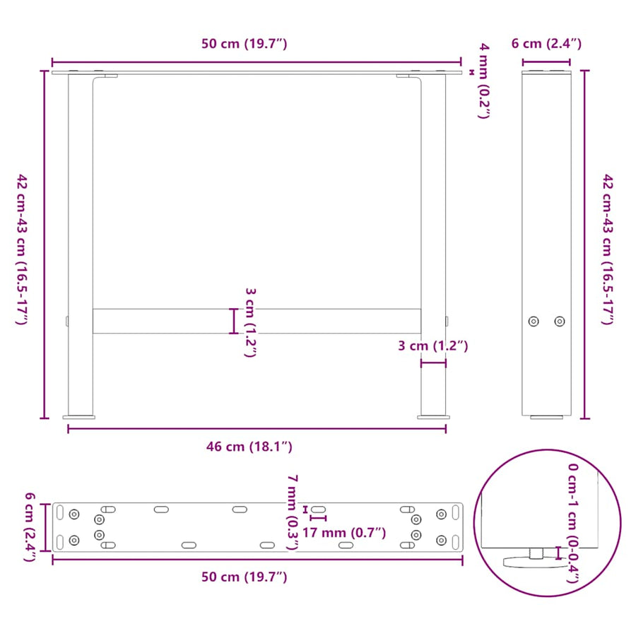 Salontafelpoten Staal Zwart 50 x (42-43) cm