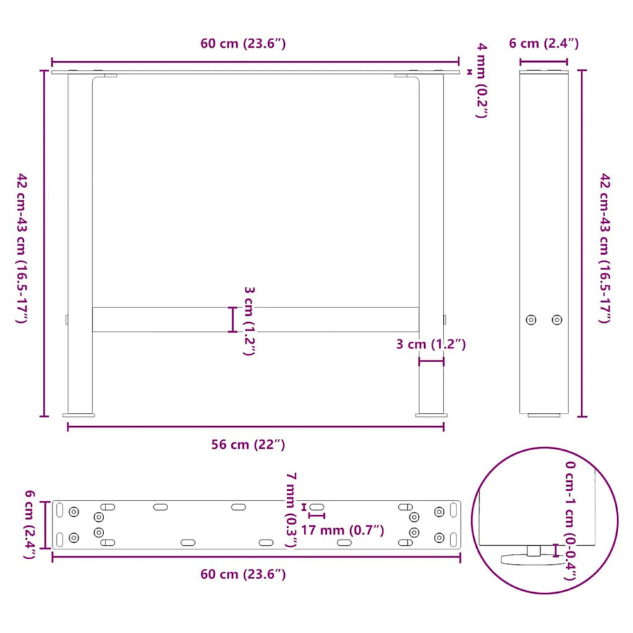Salontafelpoten Staal Antraciet 60 x (42-43) cm