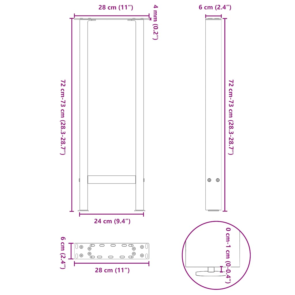 Salontafelpoten 2 st 28x(72-73) cm staal wit