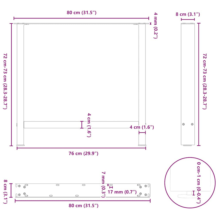 Salontafelpoten 2 st 80x(72-73) cm staal wit