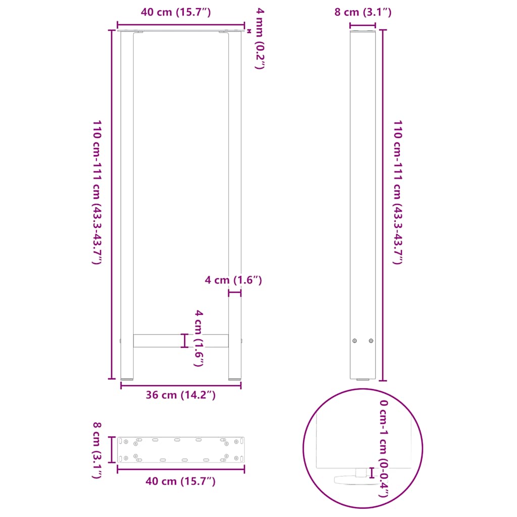 Salontafelpoten Staal Naturel 40 x (110-111) cm