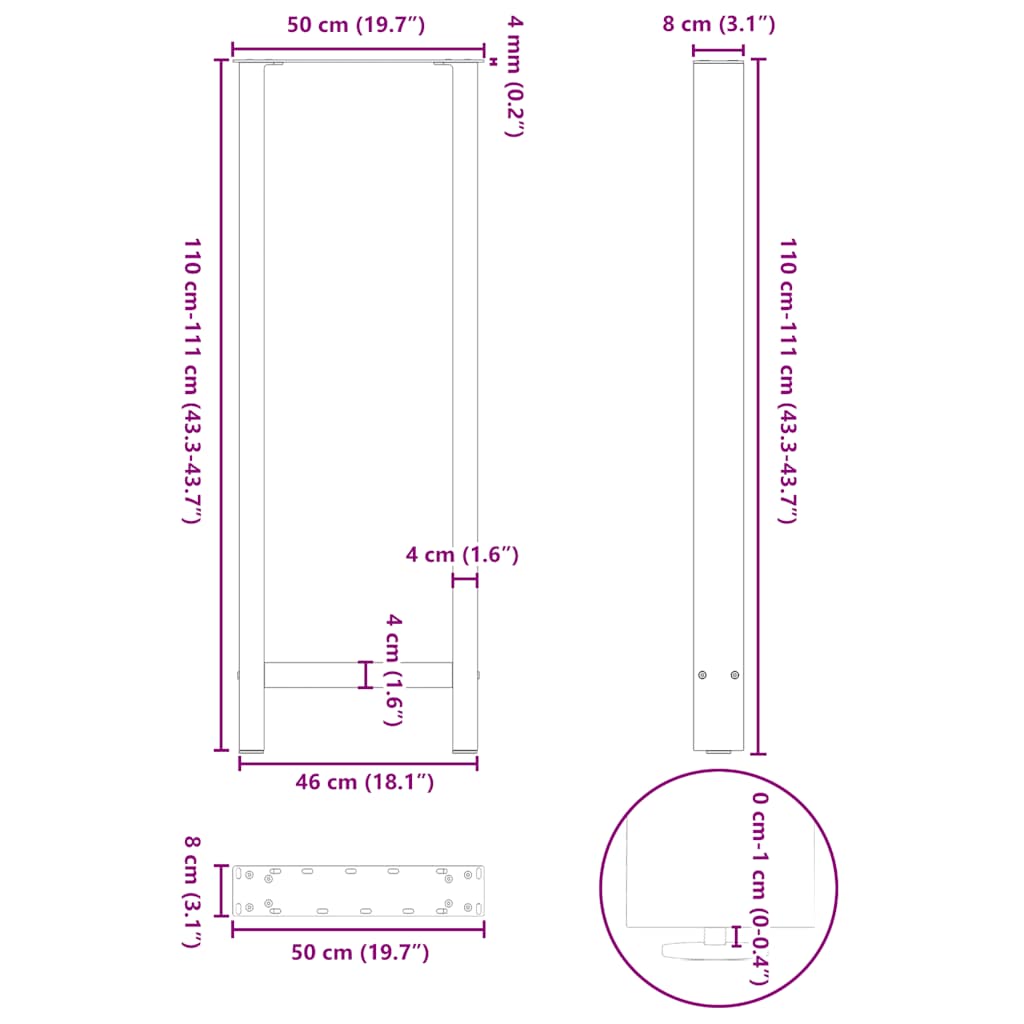 Salontafelpoten Staal Zwart 50 x (110-111) cm