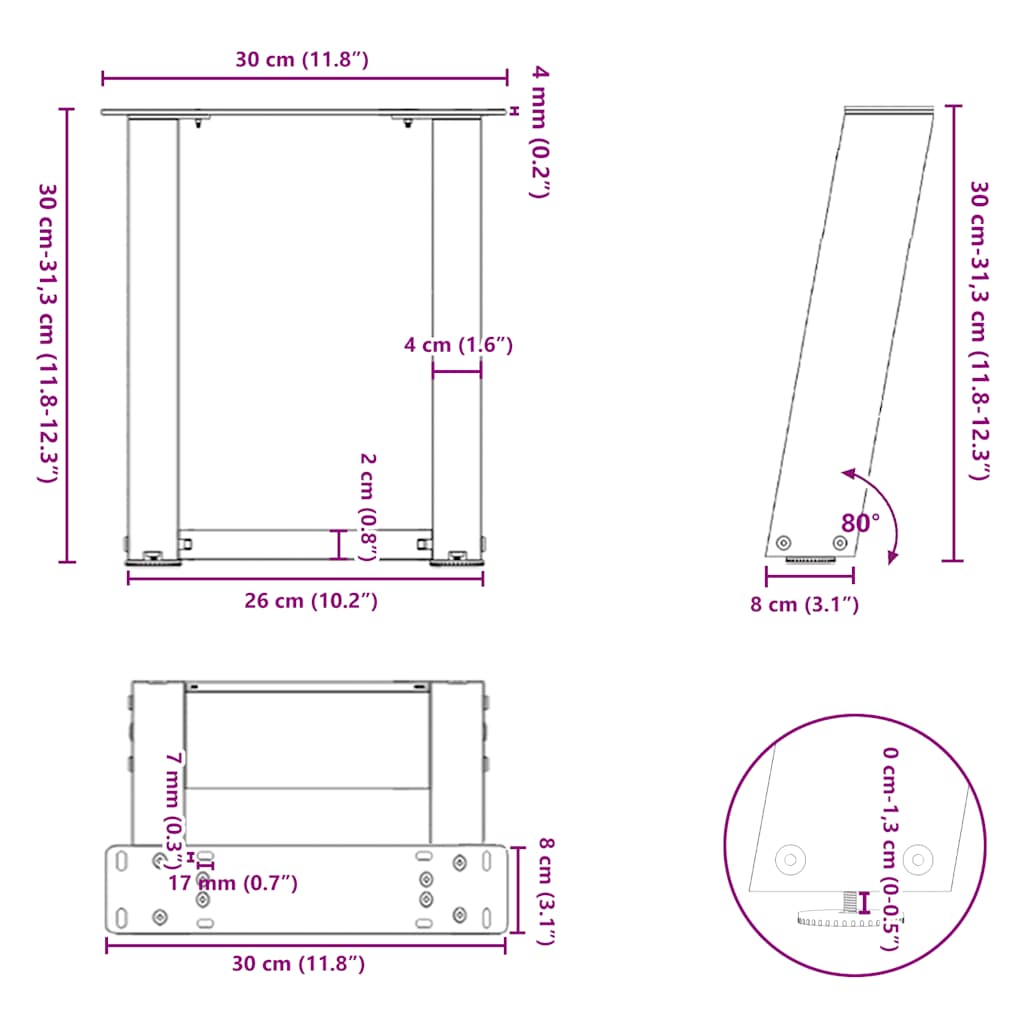 Salontafelpoten 2 st U-vormig 30x(30-31) cm staal wit
