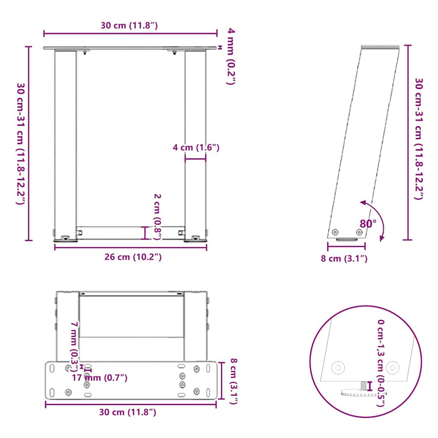 Salontafelpoten 2 st U-vormig 30x(30-31) cm staal antraciet