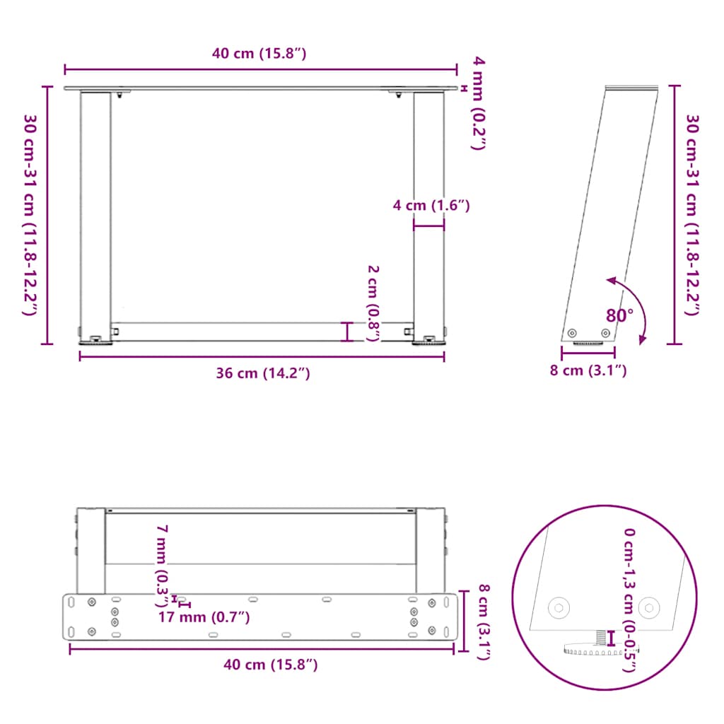 Salontafelpoten 2 St U-Vormig Staal 40 x (30-31) cm Naturel