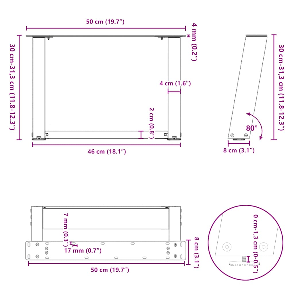 Salontafelpoten 2 St U-Vormig Staal 50 x (30-31) cm Naturel