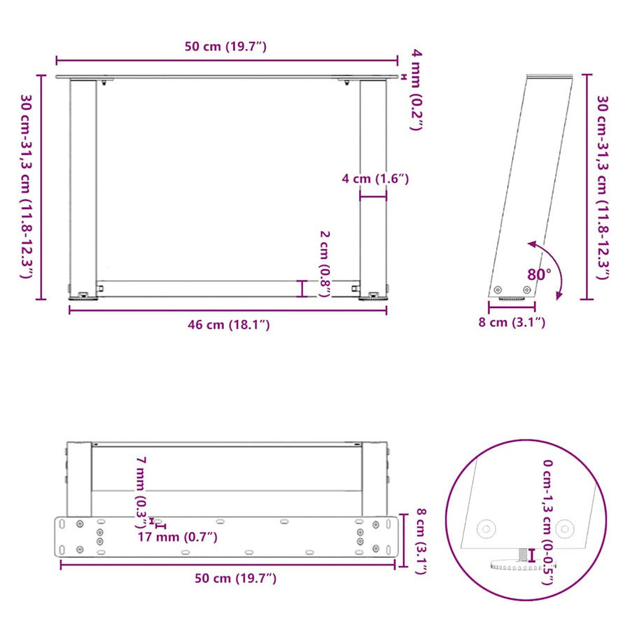Salontafelpoten 2 St U-Vormig Staal 50 x (30-31) cm Naturel