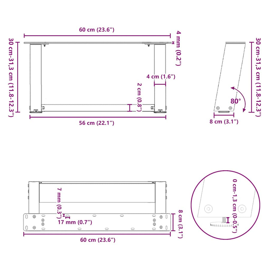 Salontafelpoten 2 St U-Vormig Staal 60 x (30-31) cm Naturel