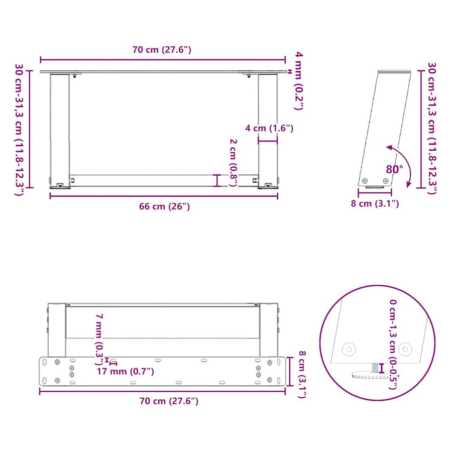 Salontafelpoten 2 st U-vormig 70x(30-31) cm staal naturel