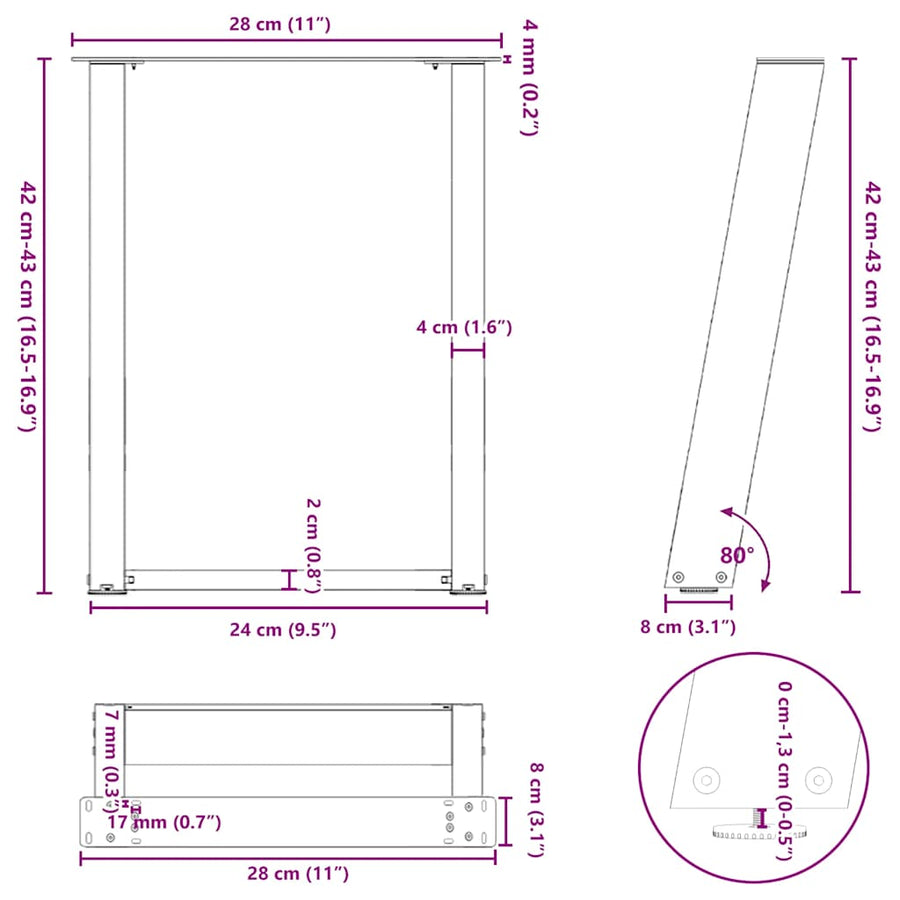 Salontafelpoten 2 st U-vormig 28x(42-43) cm staal wit