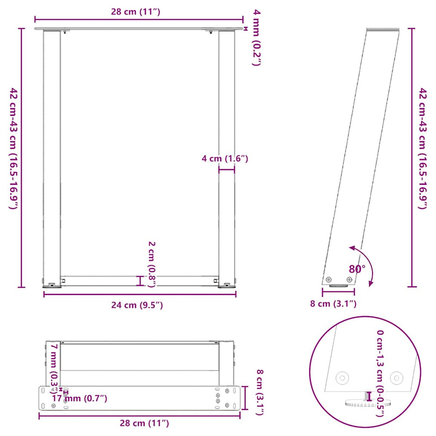 Salontafelpoten 2 st U-vormig 28x(42-43) cm staal antraciet