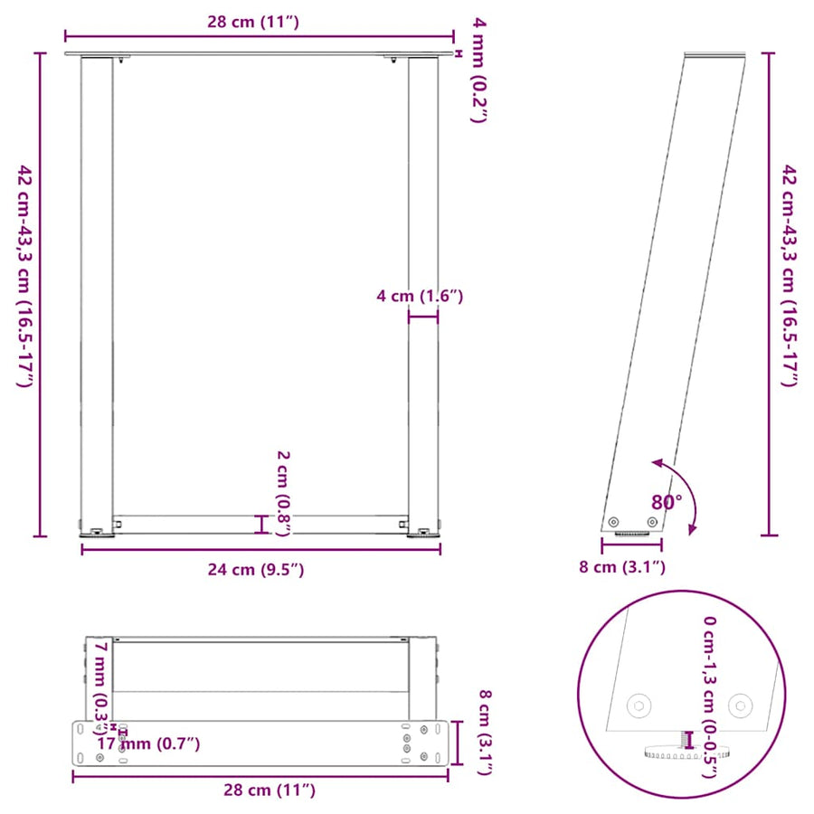 Salontafelpoten 2 St U-Vormig Staal 28 x (42-43) cm Naturel