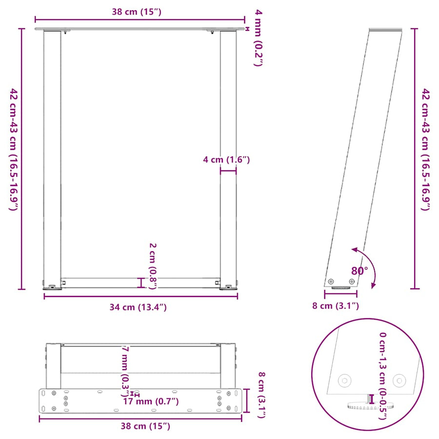 Salontafelpoten 2 St U-Vormig Staal 38 x (42-43) cm Naturel