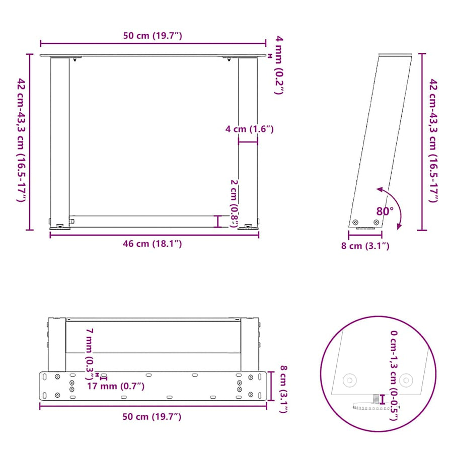 Salontafelpoten 2 St U-Vormig Staal 50 x (42-43) cm Naturel