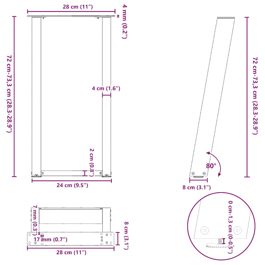 Console Tafelpoten 2St U-Vormig 28X(72-73)Cm Staal Naturel 28 x (72-73) cm