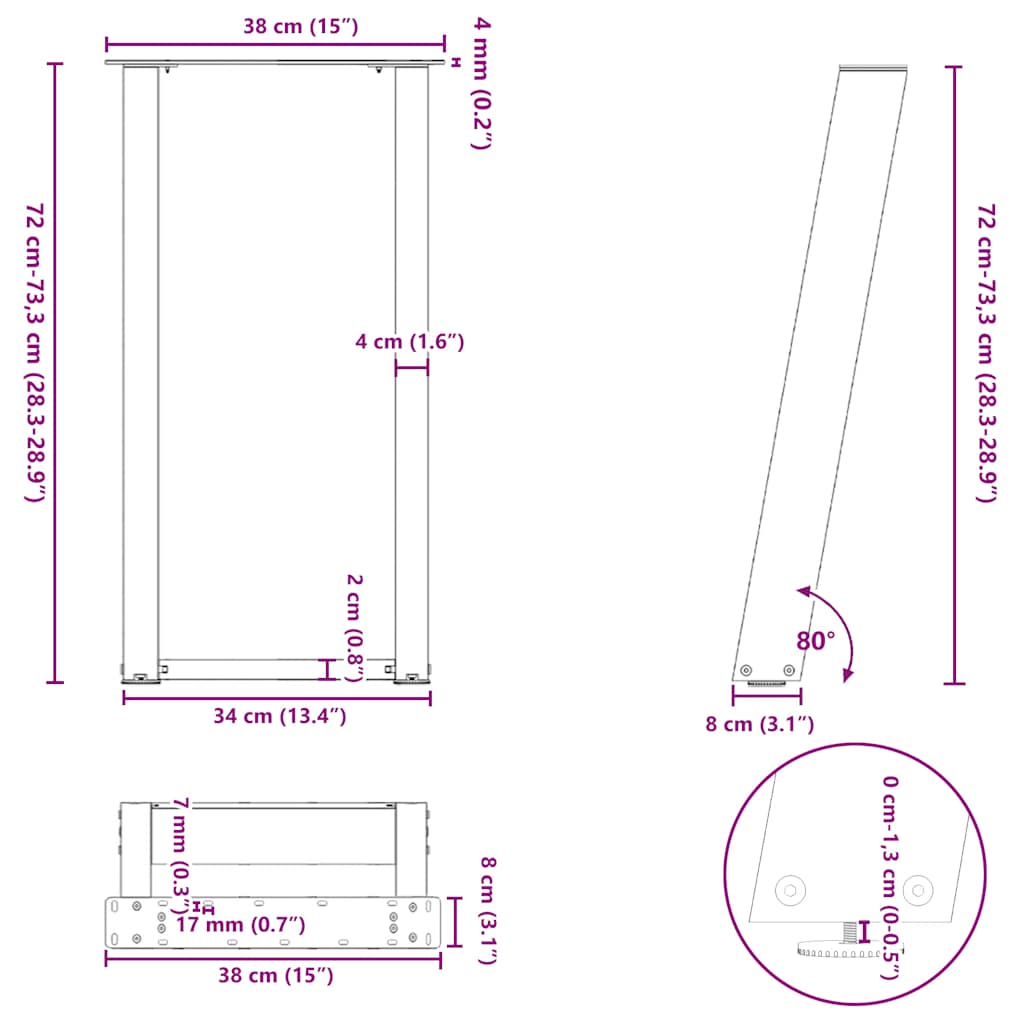 Console Tafelpoten 2St U-Vormig 38X(72-73)Cm Staal 38 x (72-73) cm Naturel