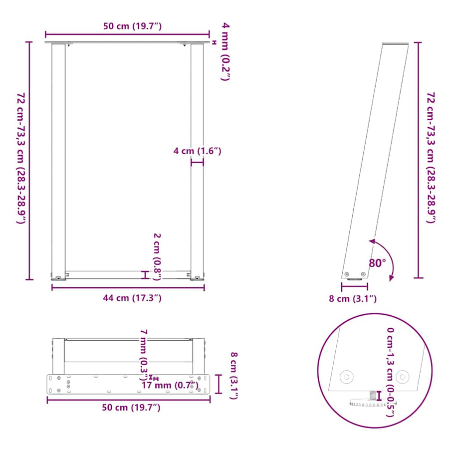 Eettafelpoten 2 St U-Vormig Staal Naturel 50 x (72-73) cm