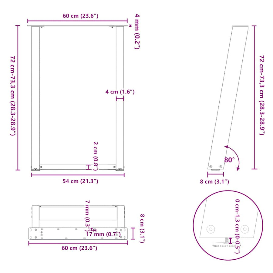 Eettafelpoten 2 St U-Vormig Staal Wit 60 x (72-73) cm
