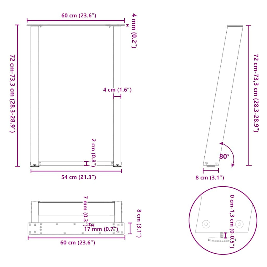 Eettafelpoten 2 St U-Vormig Staal 60 x (72-73) cm Naturel
