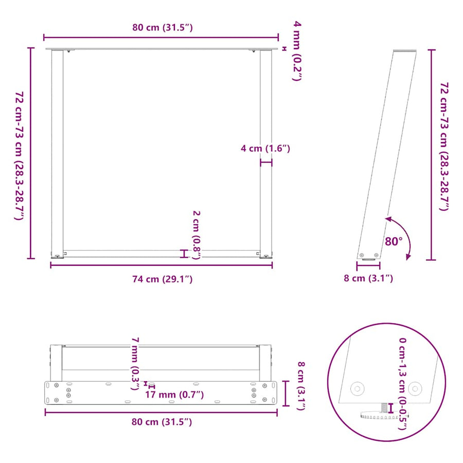 Eettafelpoten 2 st U-vormig 80x(72-73) cm staal antraciet