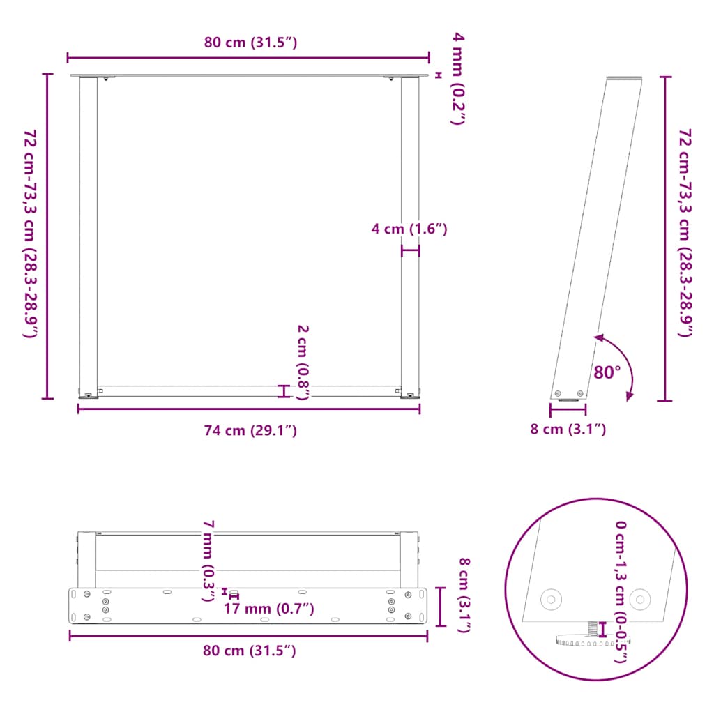 Eettafelpoten 2 St U-Vormig Staal 80 x (72-73) cm Naturel