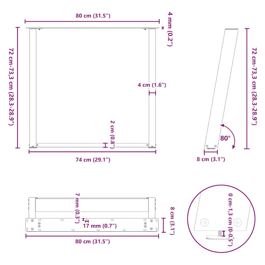 Eettafelpoten 2 St U-Vormig Staal 80 x (72-73) cm Naturel