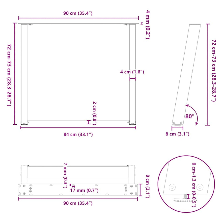 Eettafelpoten 2 st U-vormig 90x(72-73) cm staal zwart