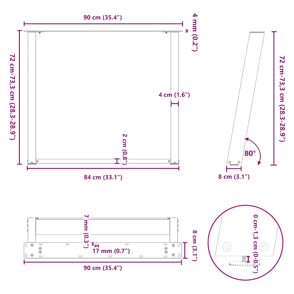 Eettafelpoten 2 St U-Vormig Staal 90 x (72-73) cm Naturel